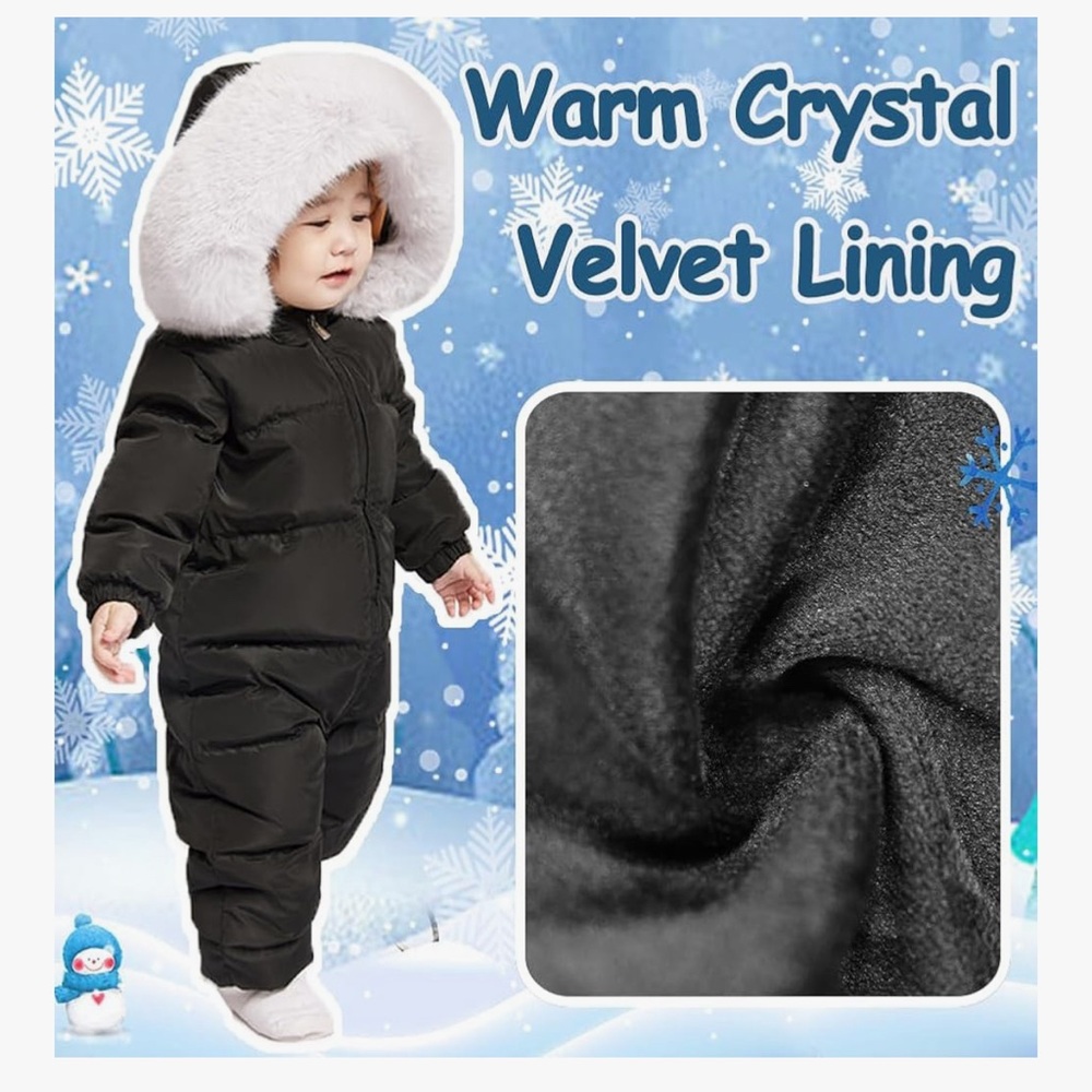 Black Baby Snowsuit with White Fur Hood
